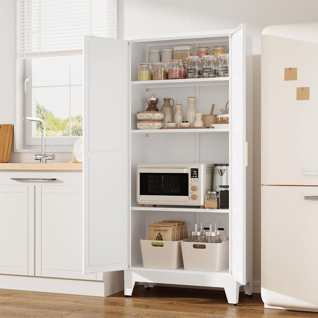 61' Tall Pantry Cabinet, White Metal Pantry Storage Cabinet, Kitchen Pantry Storage Cabinets with 2 Door and 3 Adjustable Shelves (White, 61' H)