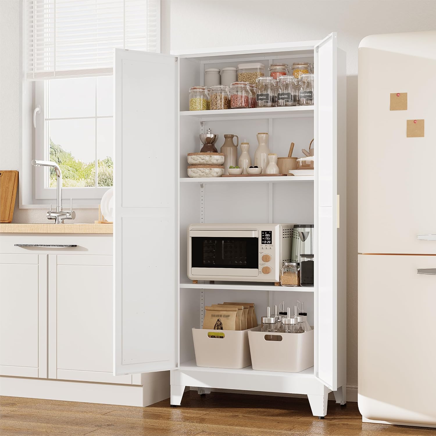 61' Tall Pantry Cabinet, White Metal Pantry Storage Cabinet, Kitchen Pantry Storage Cabinets with 2 Door and 3 Adjustable Shelves (White, 61' H)
