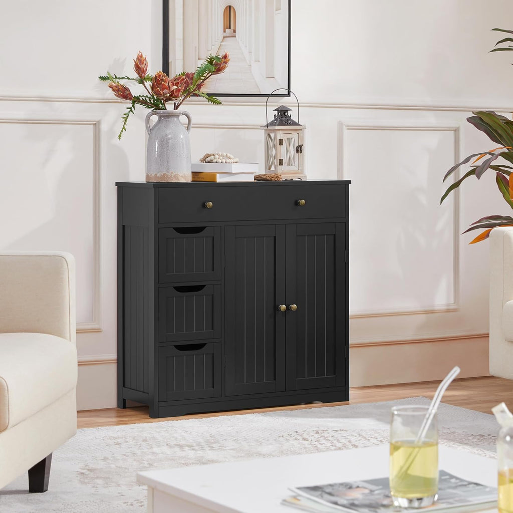 Topeakmart Storage Cabinet with 4 Drawers and 2 Doors, Adjustable Shelves, Freestanding Cabinet for Kitchen, Dining Room, Living Room, Entryway, Black