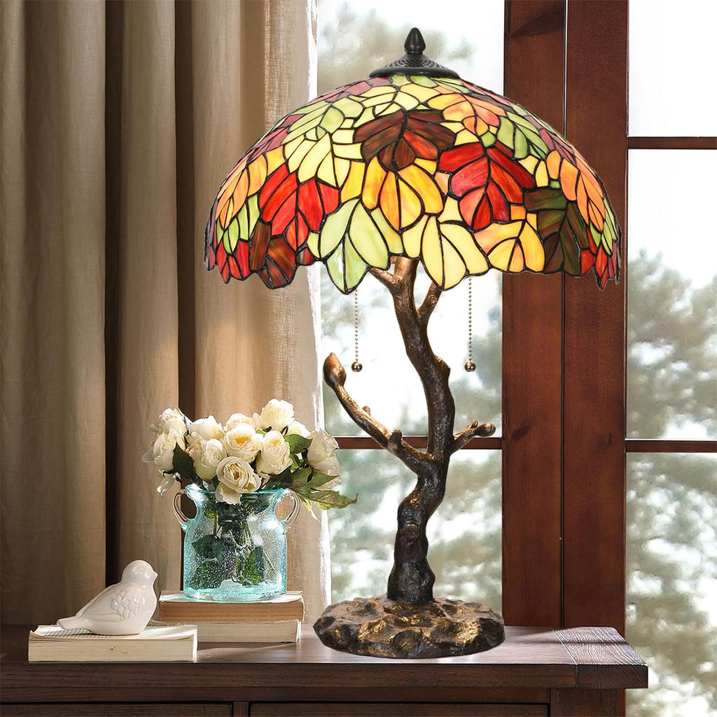 TL0032 Maple Leaves Tiffany Table Lamp Bedside Stained Glass Shade Reading Desk Light 16 x 24.25 Inches for Bedroom Living Room Home Office, LED Bulbs Included