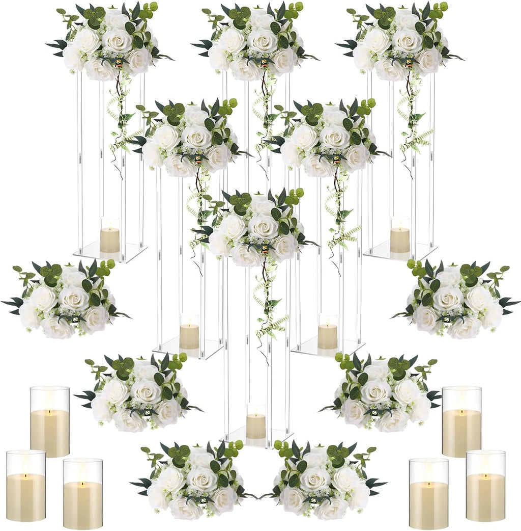Daifunli 6 Set 20 Inch Acrylic Vase Stand Wedding Centerpieces Holder with Artificial Flower Balls and LED Lights Candles for Wedding Party Table Home Decorations
