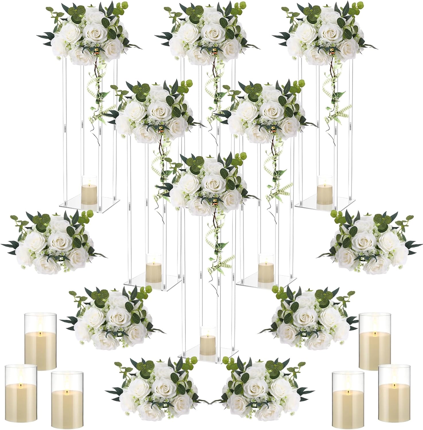 Daifunli 6 Set 20 Inch Acrylic Vase Stand Wedding Centerpieces Holder with Artificial Flower Balls and LED Lights Candles for Wedding Party Table Home Decorations