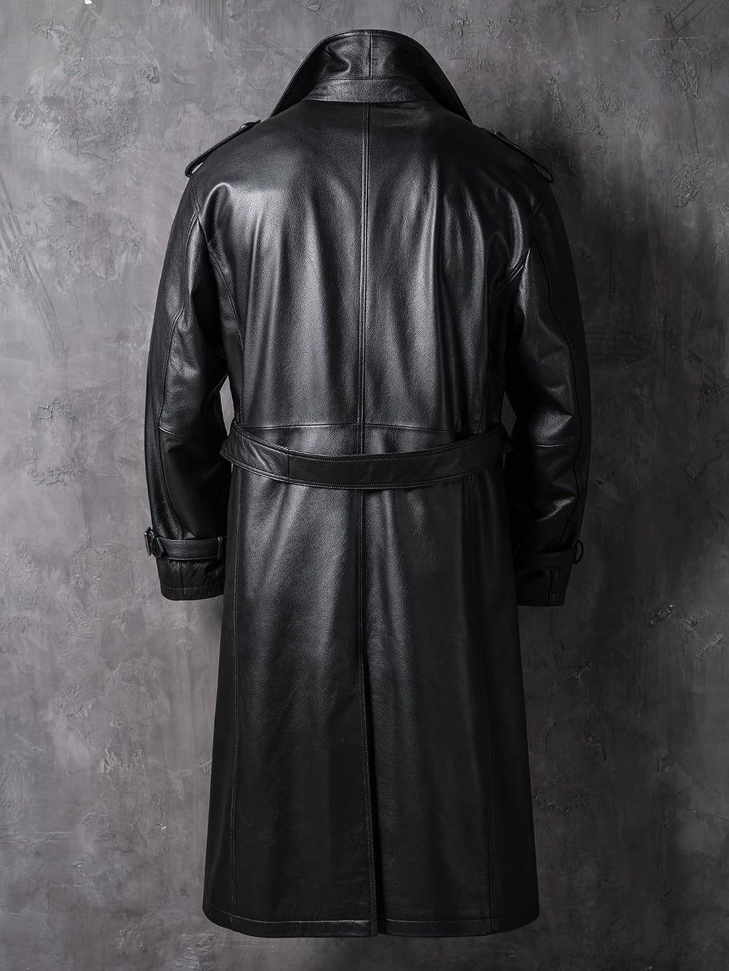 Men's Casual Long Leather Trench Coat, Slim Fit Double Breasted Notched Lapel Belt Black Full Length Jacket Overcoat