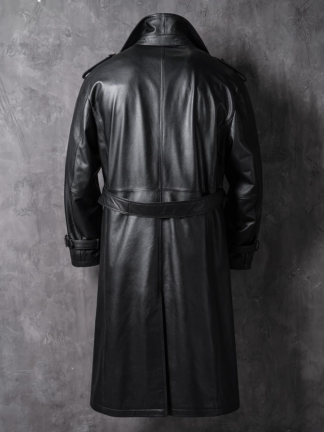 Men's Casual Long Leather Trench Coat, Slim Fit Double Breasted Notched Lapel Belt Black Full Length Jacket Overcoat