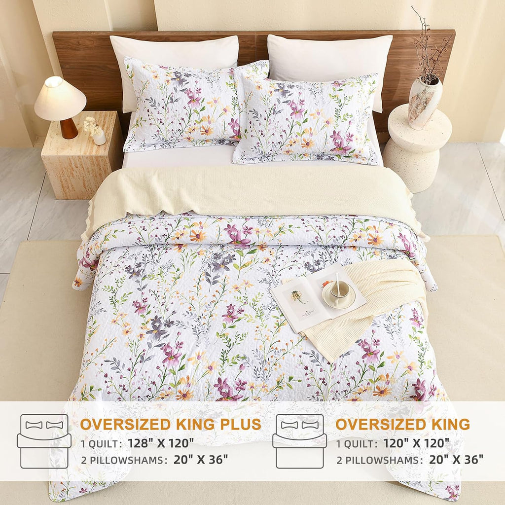 Sanracie Oversized King Bedspread(120'x120'),100% Cotton Floral Quilt Set 3Pcs Soft Lightweight Yellow Wild Flower Botanical Printed Pattern Oversized King Quilt Bedding Coverlet for All Seasons