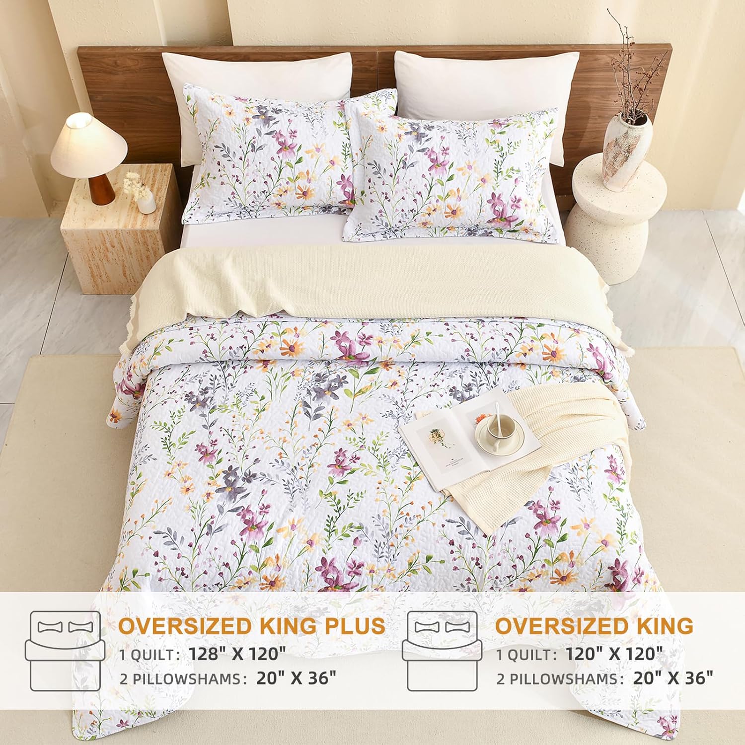Sanracie Oversized King Bedspread(128'x120'),100% Cotton Floral Quilt Set Extra Wide 3Pcs Lightweight Summer Yellow Wild Flower Botanical Printed Pattern Bedding Coverlet California King Size
