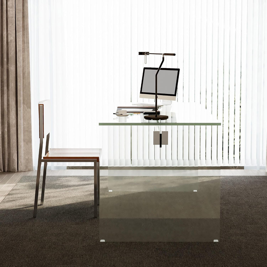 53.14' Modern Tempered Glass Executive Desk with Drawer, Black Wood Finish and Tempered Glass Legs – Minimalist Stylish Workstation Table for Home Office (Transparent Glass Desk)