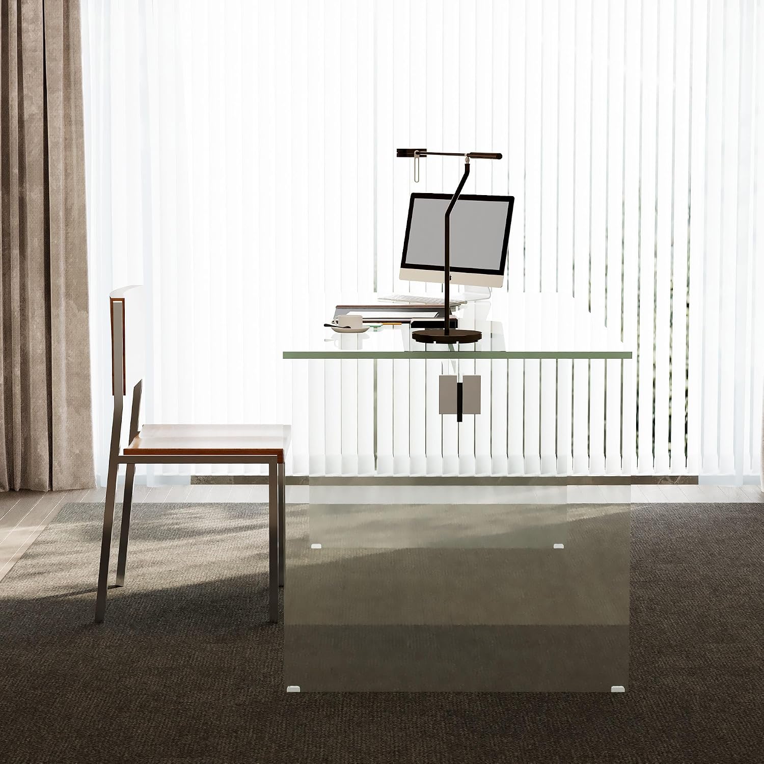 53.14' Modern Tempered Glass Executive Desk with Drawer, Black Wood Finish and Tempered Glass Legs – Minimalist Stylish Workstation Table for Home Office (Transparent Glass Desk)