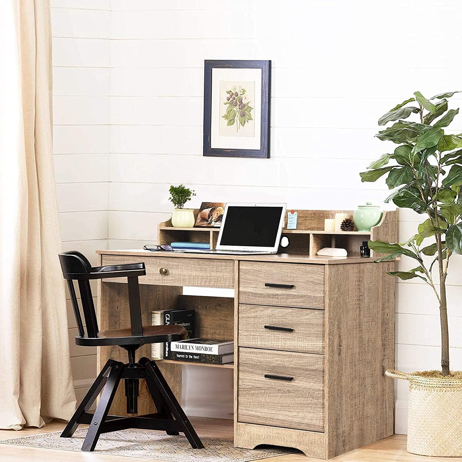 HOMBCK Computer Desk with 4 Drawers and Storage, Small Office Desk with File Drawers and Hutch, Farmhouse Wood Writing Student Table for Home Office, Bedroom, Wooden Grey