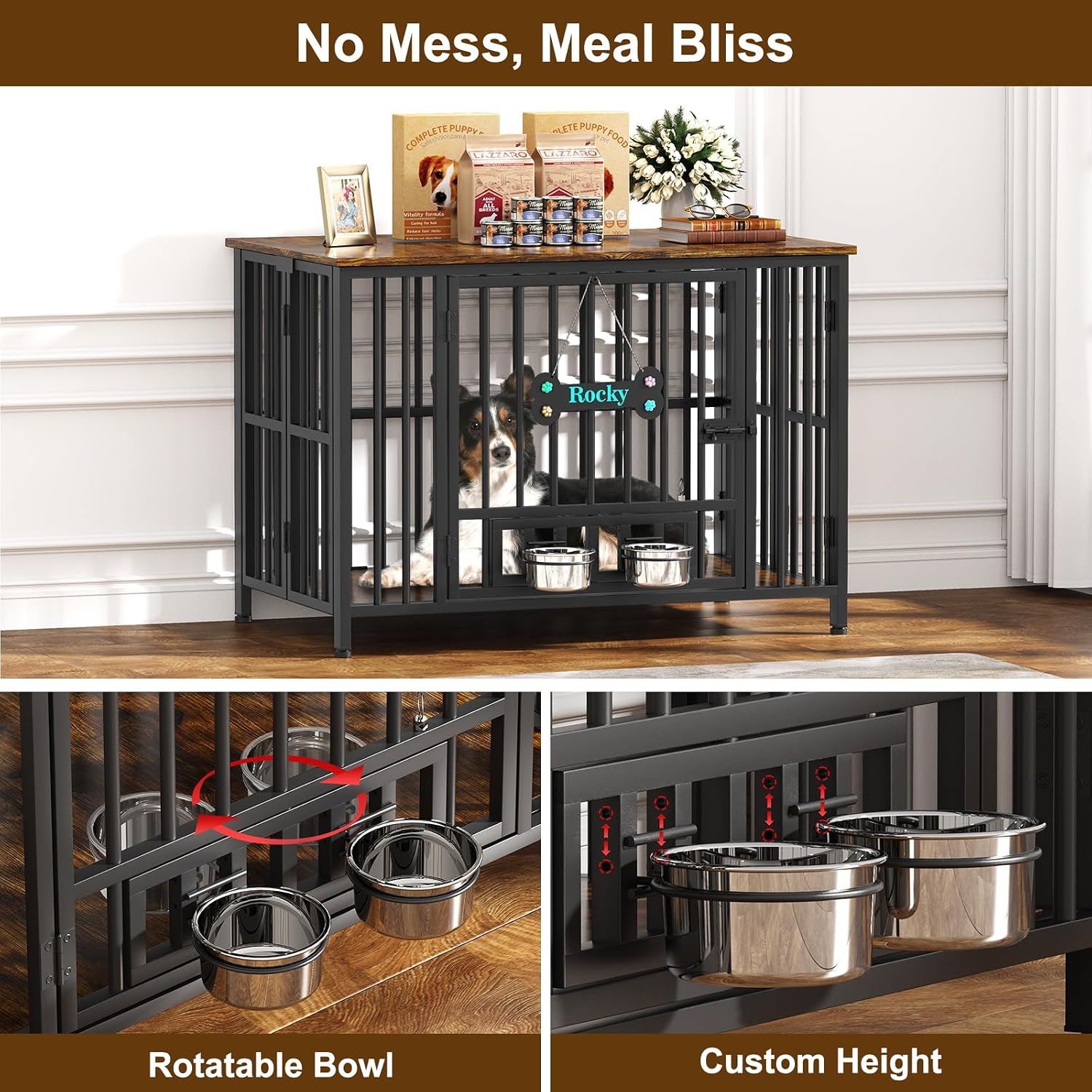 Easycom Dog Crate Furniture Foldable, No Assembly Decorative Dog Kennel Indoor, Dog Crates for Large Dogs(35-60 lb), Wooden Dog Cage with Adjustable Bowls and Name Tag, End Table, Rustic Brown