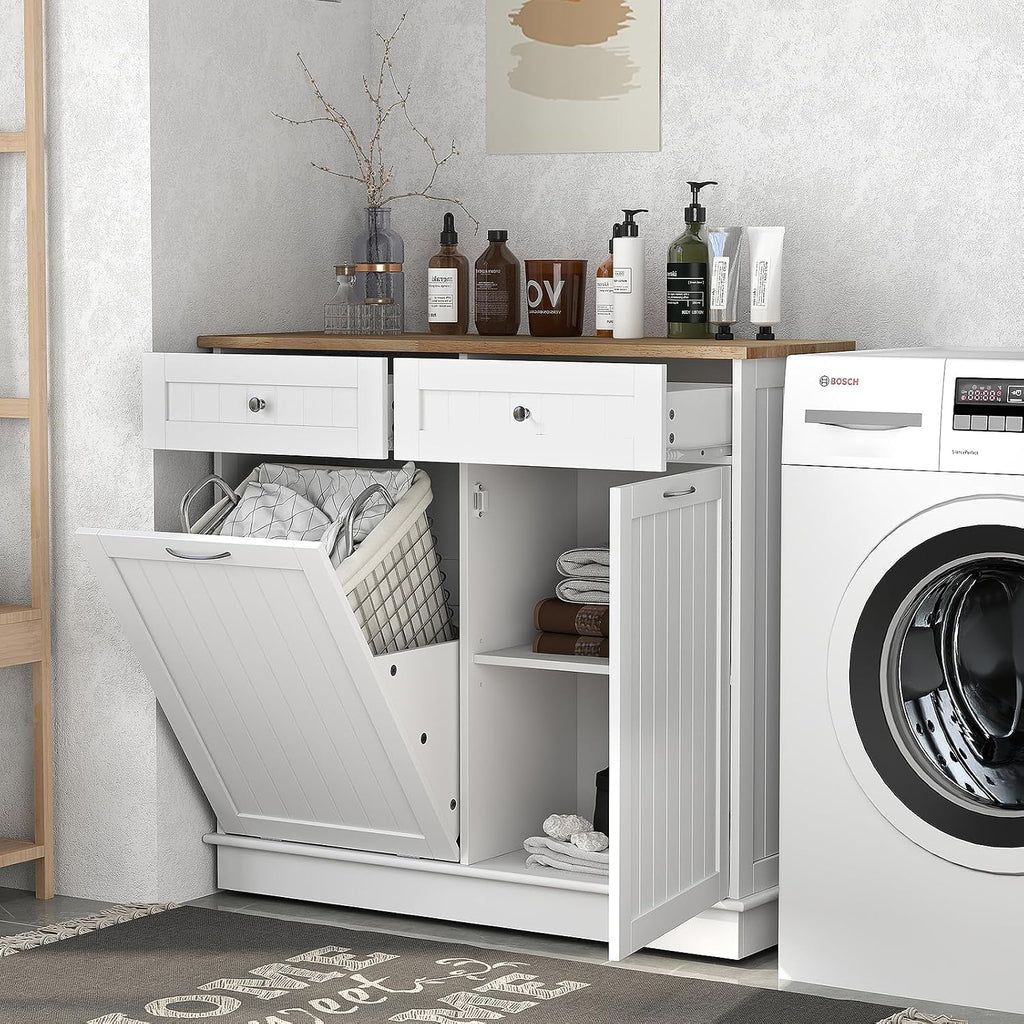 POWERSTONE Hidden Tilt Out Trash Cabinet Kitchen Island with 2 Drawers & Adjustable Shelf, Rubber Wood Countertop, Freestanding Laundry Hamper Recycle Bins, Pet Proof Garbage Can Holder White