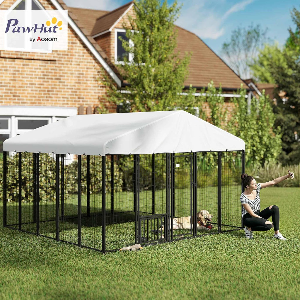 PawHut 10' x 10' x 6' Outdoor Dog Kennel, Welded Wire Dog Kennel Outside Run with 360° Rotating Bowls, Waterproof & UV Resistant Cover, for S&M&L Breeds, Chickens, Ducks, Sliver
