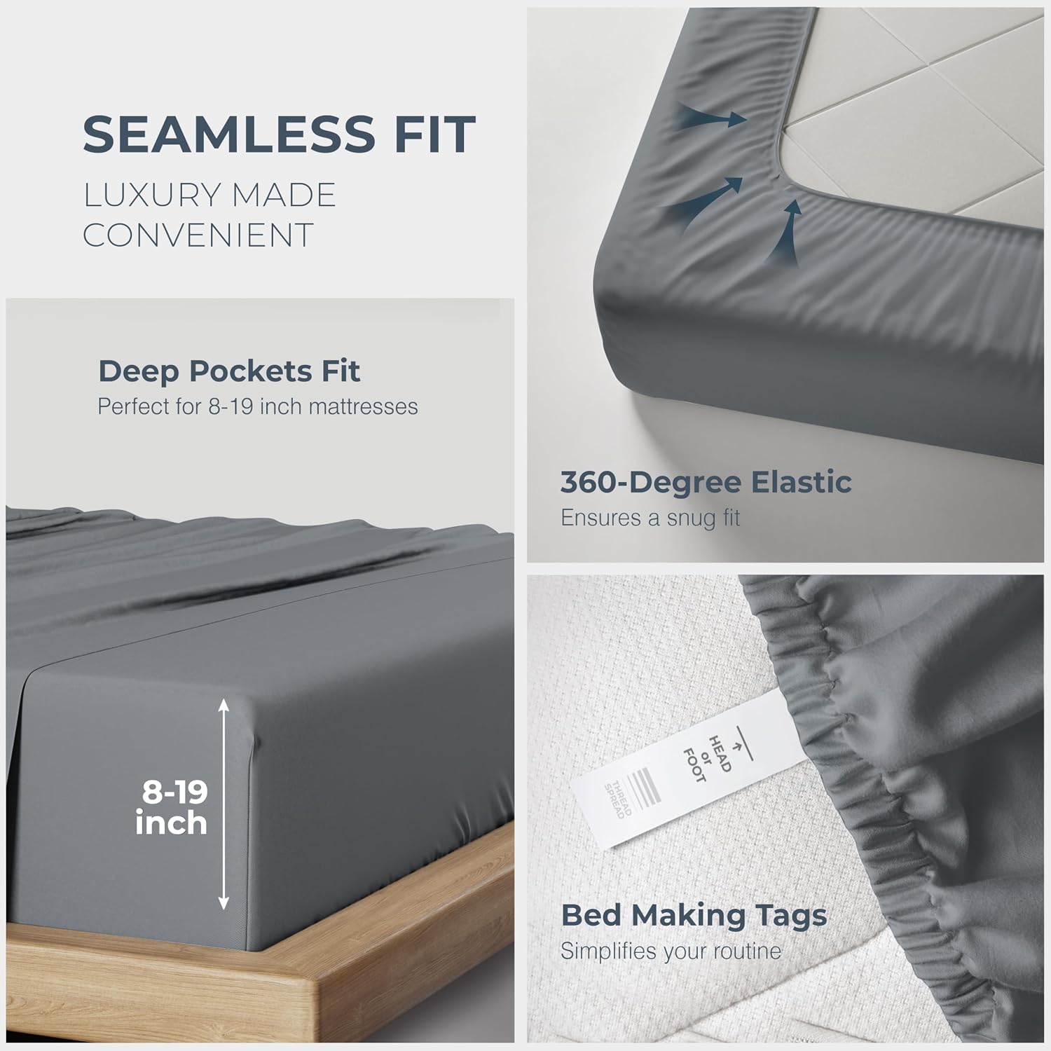 THREAD SPREAD 100% Egyptian Cotton Split King Sheets Sets for Adjustable Bed - 1500 Series Split Top King Sheets (5 PC, Dark Grey), Silky Soft, Sateen, Cooling & Breathable, 17' Deep Pocket Bed Set