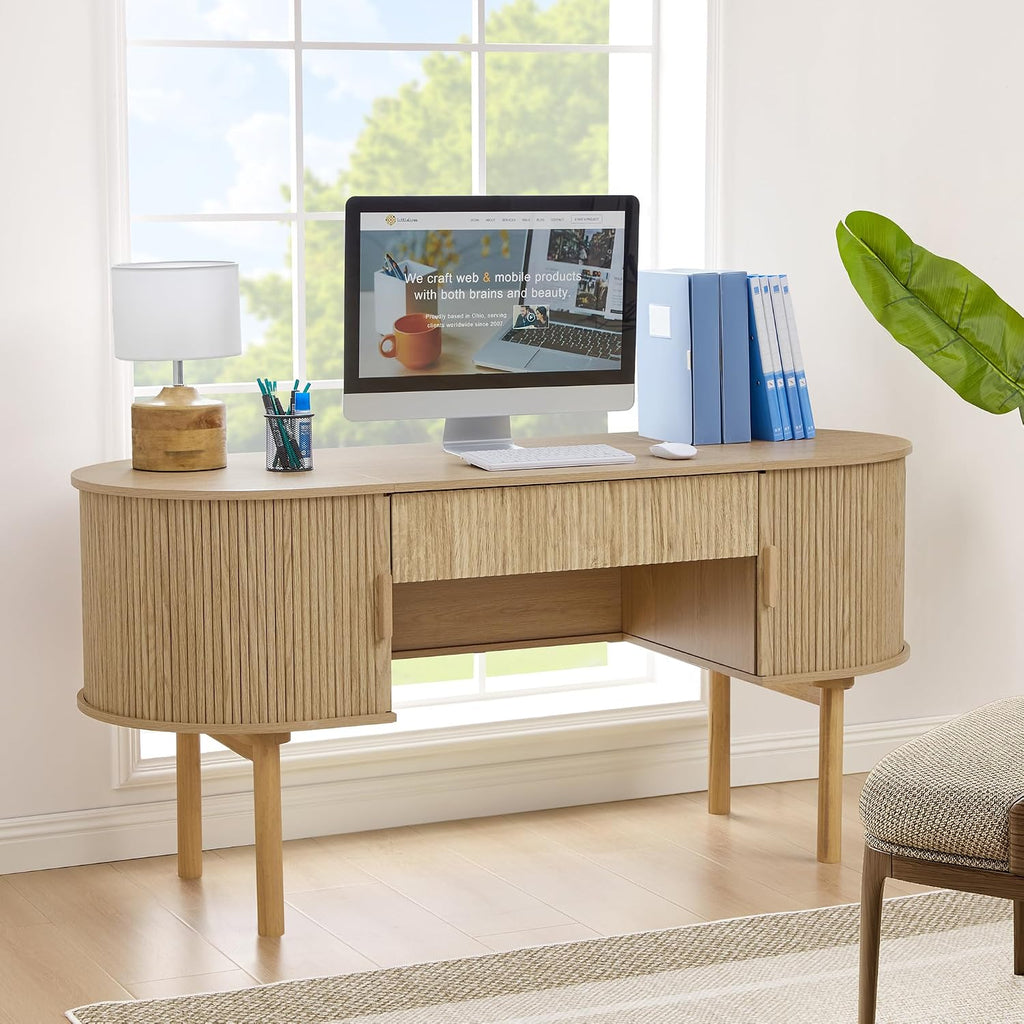 Executive Office Desk with Storage, 63 Inch Large Computer Workstation Desk with Drawer and File Cabinets, Mid Century Modern Fluted Wood Writing Desk for Home Office, Study Room, Living Room, Natural