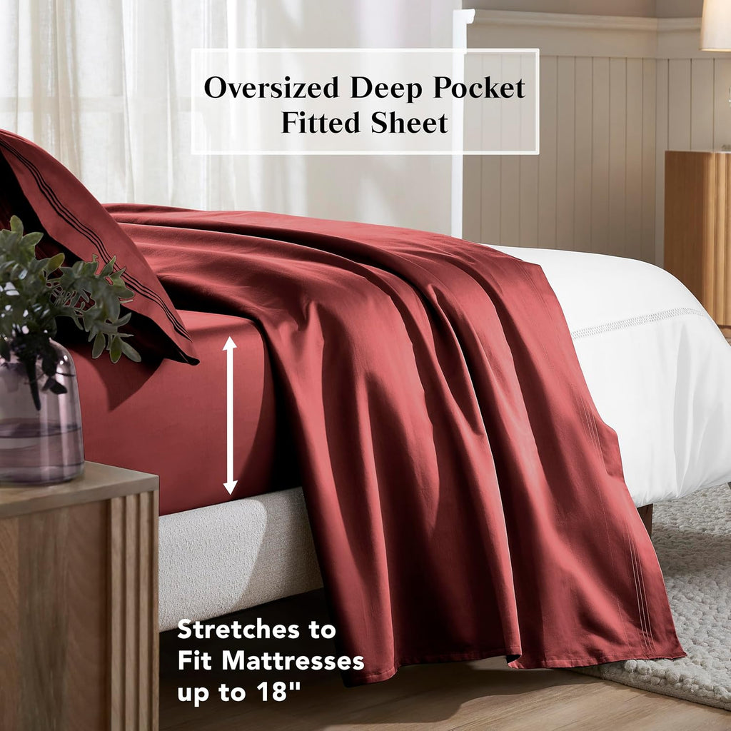 Superior Egyptian Cotton 4 Piece Sheet Set, 650 Thread Count, Eco-Friendly, Sustainable Sheets, Ultra-Soft Basics, Solid, Deep Pocket Fitted Sheet, Flat Sheet, Pillowcases, Queen, Burgundy