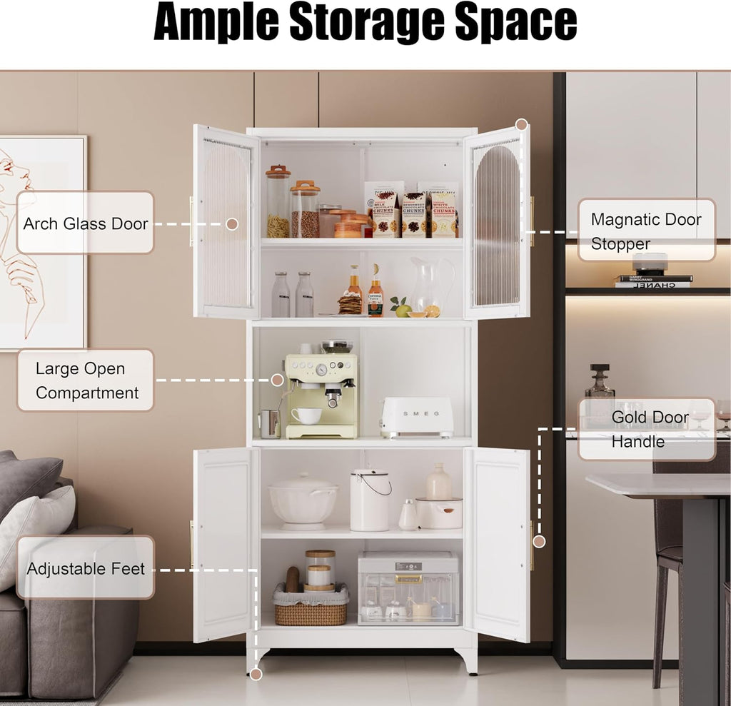 Kitchen Pantry Cabinet, 75' Tall Metal Storage Cabinets with Microwave Stand, White Hutch, Tall Storage Cabinet with Glass Doors and Adjustable Shelves, Food Pantry Cupboard for Kitchen, Dining Room