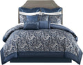 Madison Park Essentials Brystol 24 Piece Room in a Bag Faux Silk Comforter Jacquard Paisley Design Matching Curtains Down Alternative All Season Bedding-Set, King(104 in x 92 in), Navy 24 Piece