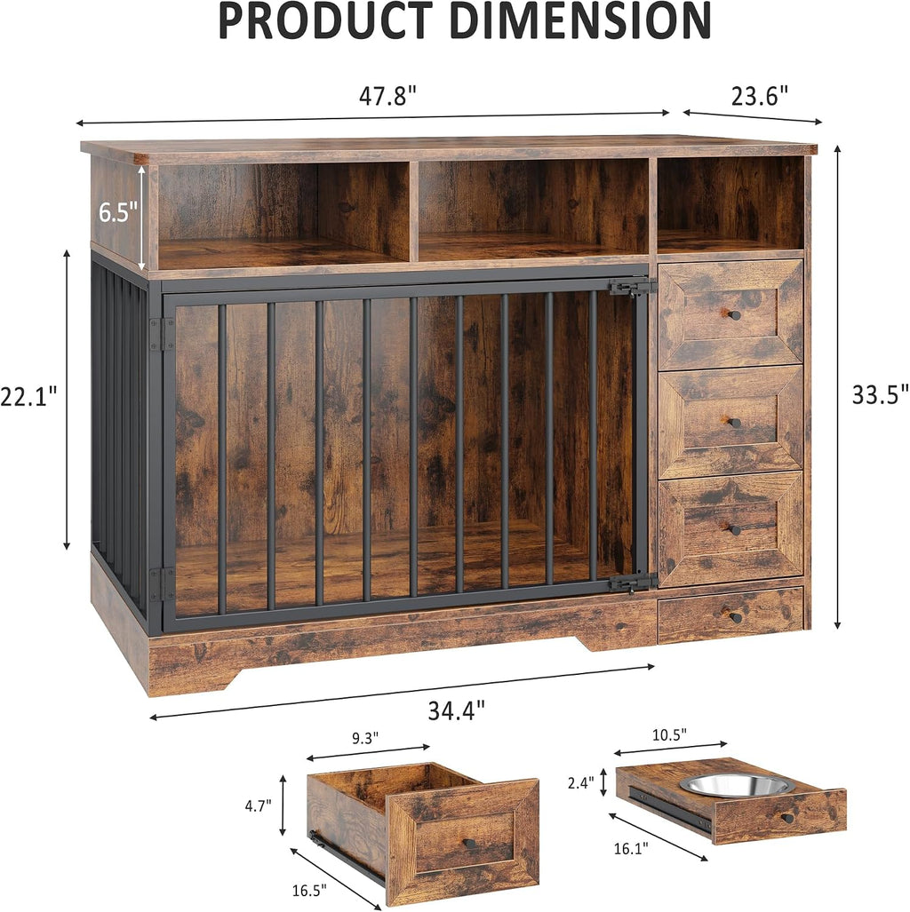 GarveeLife 48'' Dog Crate Furniture, Farmhouse Heavy Duty Dog Kennel with Bowl & Storage Drawers, Medium Dog Cage End Table for Small Medium Dogs, Retro Brown