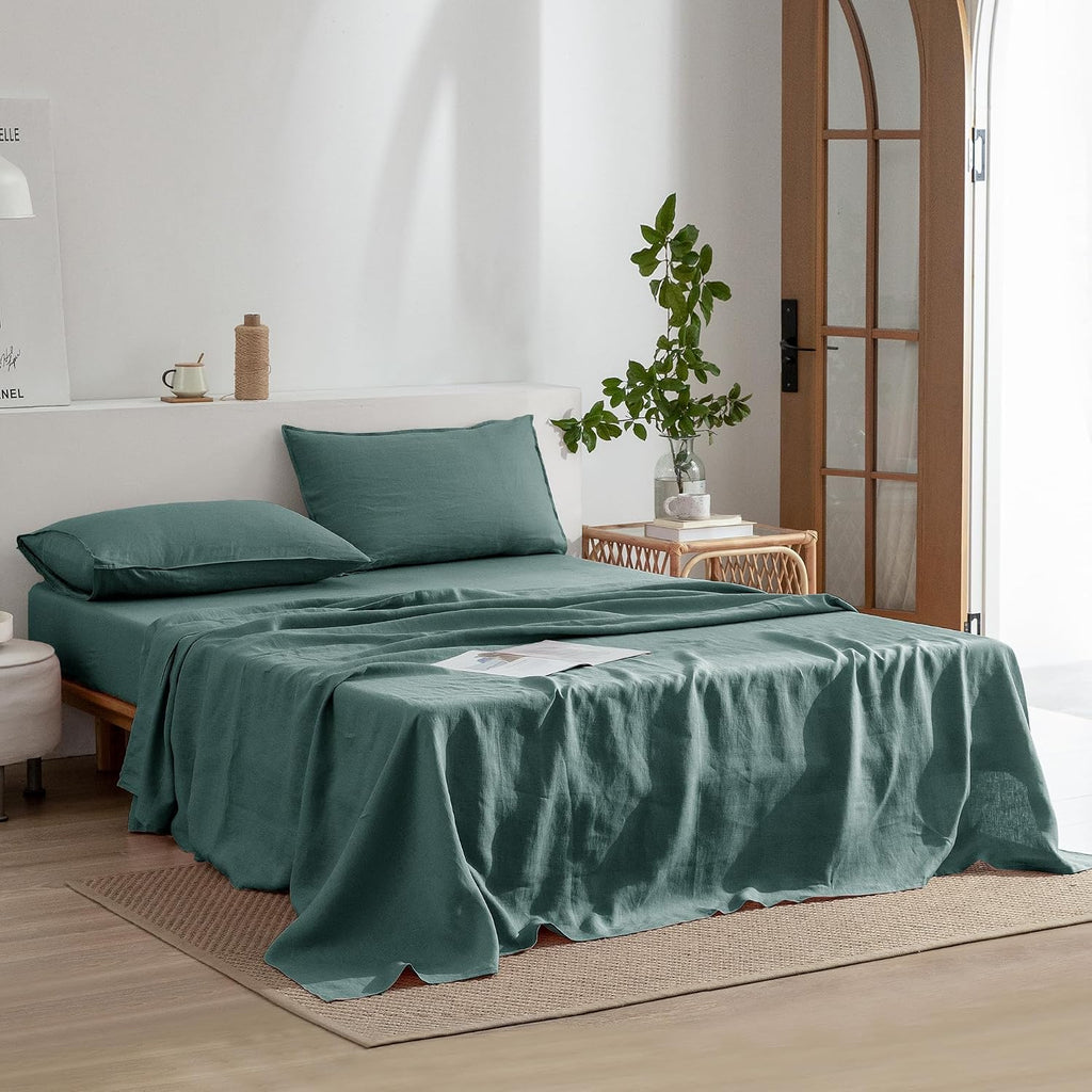 EVERLY Linen Sheets King Size,100% Stonewashed Pure French Linen Sheets 16Inch Deep Pocket Sheets,3Pieces (1Flat Sheet,1Fitted Sheet,2Pillowcase) Natural Flax Soft and Breathable For Hot Sleepers-Aqua