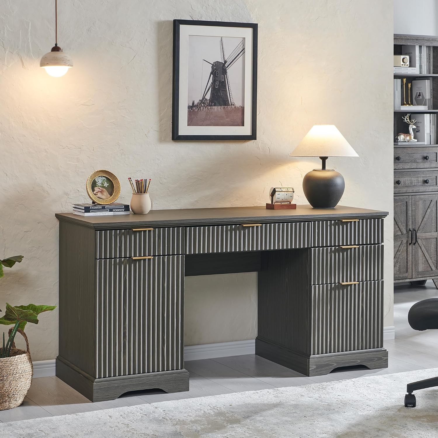 JXQTLINGMU Modern Executive Desk with Storage, Wood Home Office Desk with Drawer & Cabinet, Fluted Computer Writing Desk for Study, Living Room, Bedroom