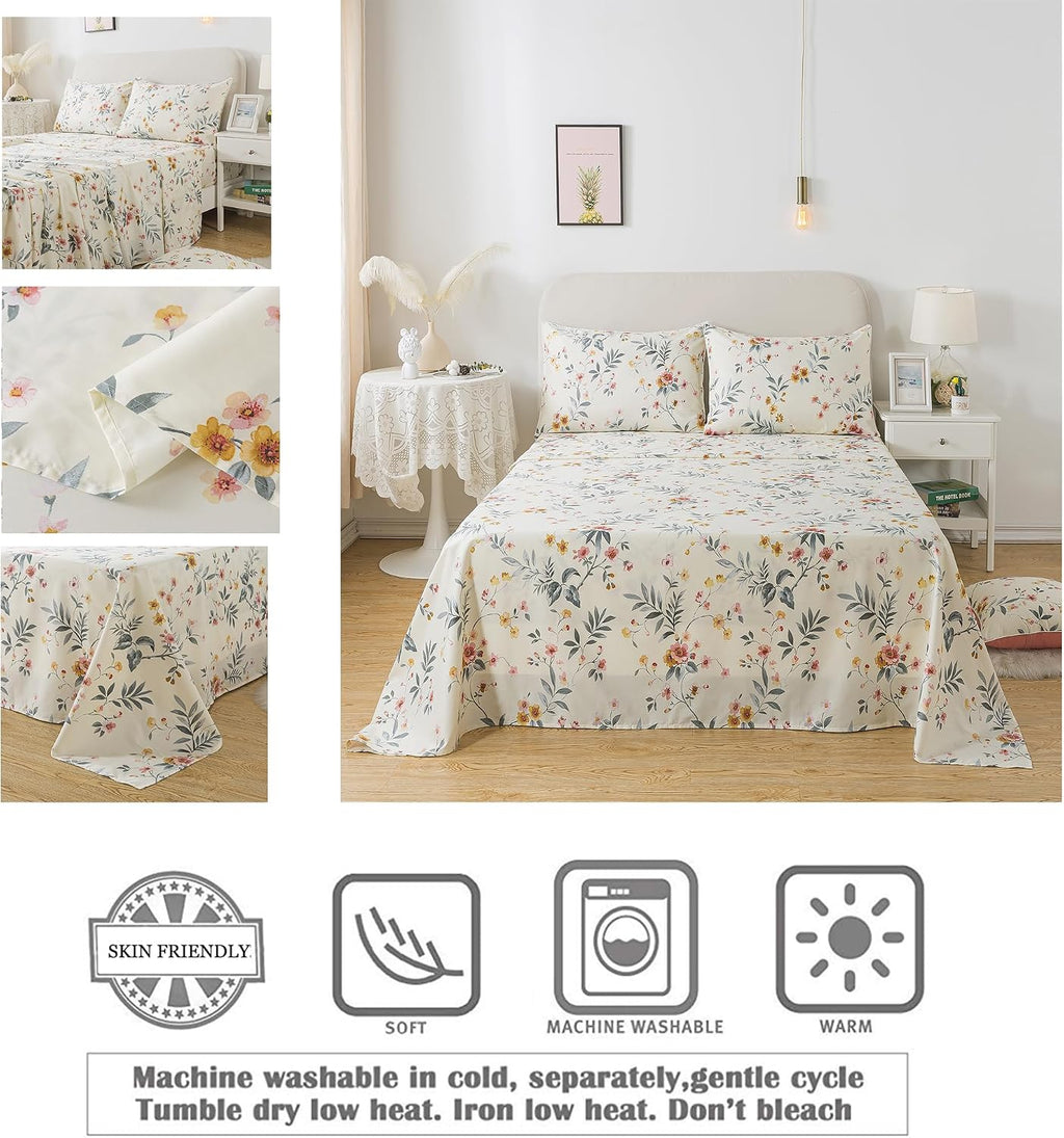 FADFAY Floral Sheets Queen Vintage Pink Floral Bedding Shabby Beige Elegant Botanical Sheets Rustic Farmhouse Bedding 800 Thread Count 100% Egyptian Cotton Deep Pocket Fitted Sheet 4Pcs, Queen Size