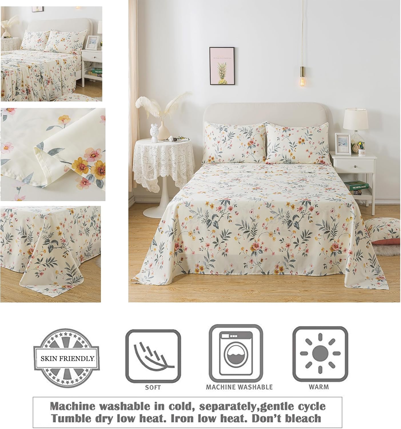 FADFAY Floral Sheets Queen Vintage Pink Floral Bedding Shabby Beige Elegant Botanical Sheets Rustic Farmhouse Bedding 800 Thread Count 100% Egyptian Cotton Deep Pocket Fitted Sheet 4Pcs, Queen Size