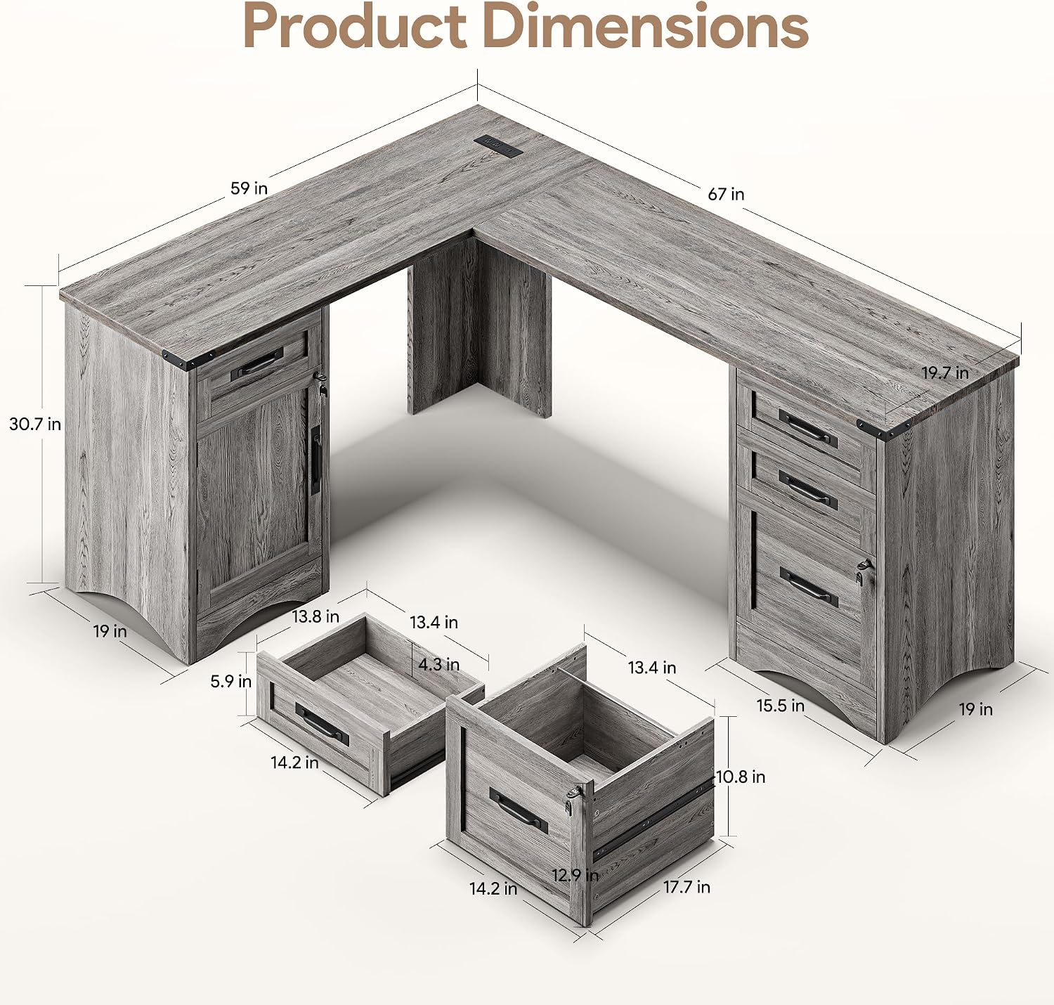Decofy 67' Farmhouse L Shaped Standing Desk with Drawers Home Office Executive Desks with Fast Charging Station, Lockable File Cabinet, Wood Writing Computer Desk for Work, Study, Grey
