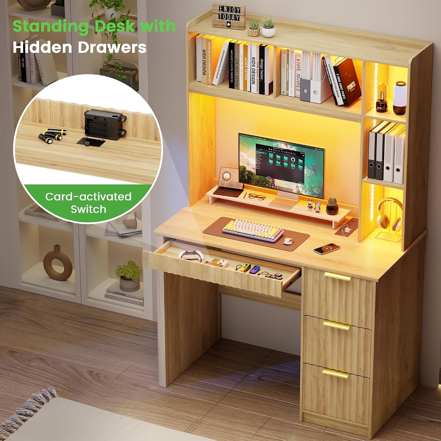 WOOVIVS Home Office Desk with Hutch & LED Lights - 39' Computer Desk with Charging Station, 3 Large Drawers, Hidden Compartment & Fluted Panel Design,Natural Writing Desk for Bedroom, Study