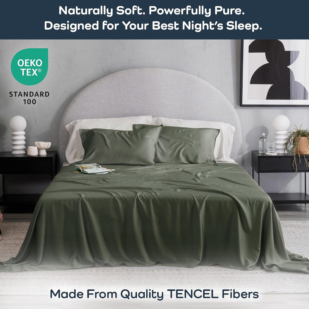 Olive + Crate Tencel Lyocell Eucalyptus California King Sheets - Cooling Tencel Sheets for Hot Sleepers with 18 Inch Deep Pocket Fit - Moss 4-Piece Set