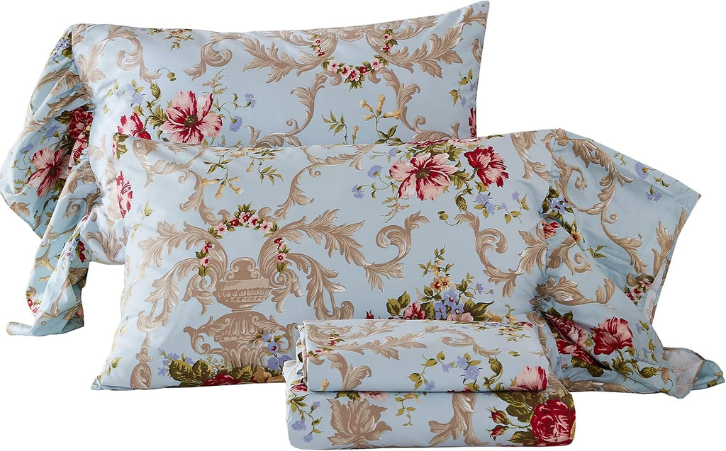 ABREEZE Floral Bedding Shabby Blue Bed Sheet Set Vintage Luxury Bedding Collections Ruffled 1000 Thread Count 100% Egyptian Cotton Deep Pocket, 4 Piece-King Size