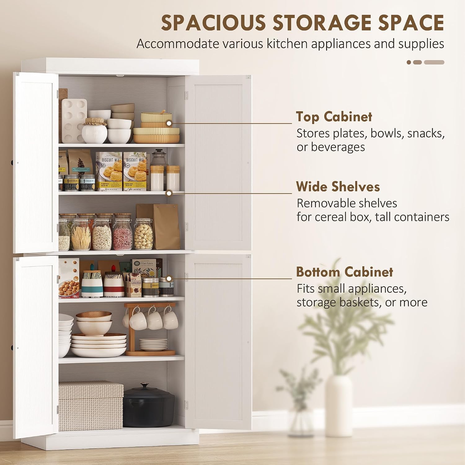 HOMCOM 72.5' Tall Kitchen Pantry Cabinet, Freestanding Modern Farmhouse Kitchen Storage Cabinet with 4 Doors and 2 Adjustable Shelves for Dining Room, White Wood Grain