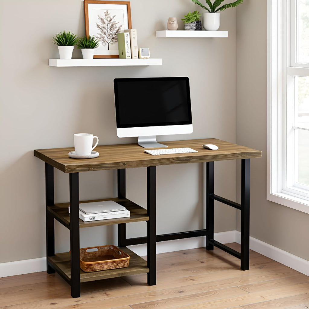Alaterre Furniture Pomona 48-Inch Industrial Study Desk with Solid Pine Wood Top, 2 Open Shelves, and Metal Frame – Writing Desk with Floor Levelers for Home Office, Bedroom, or Dorm (Natural Finish)
