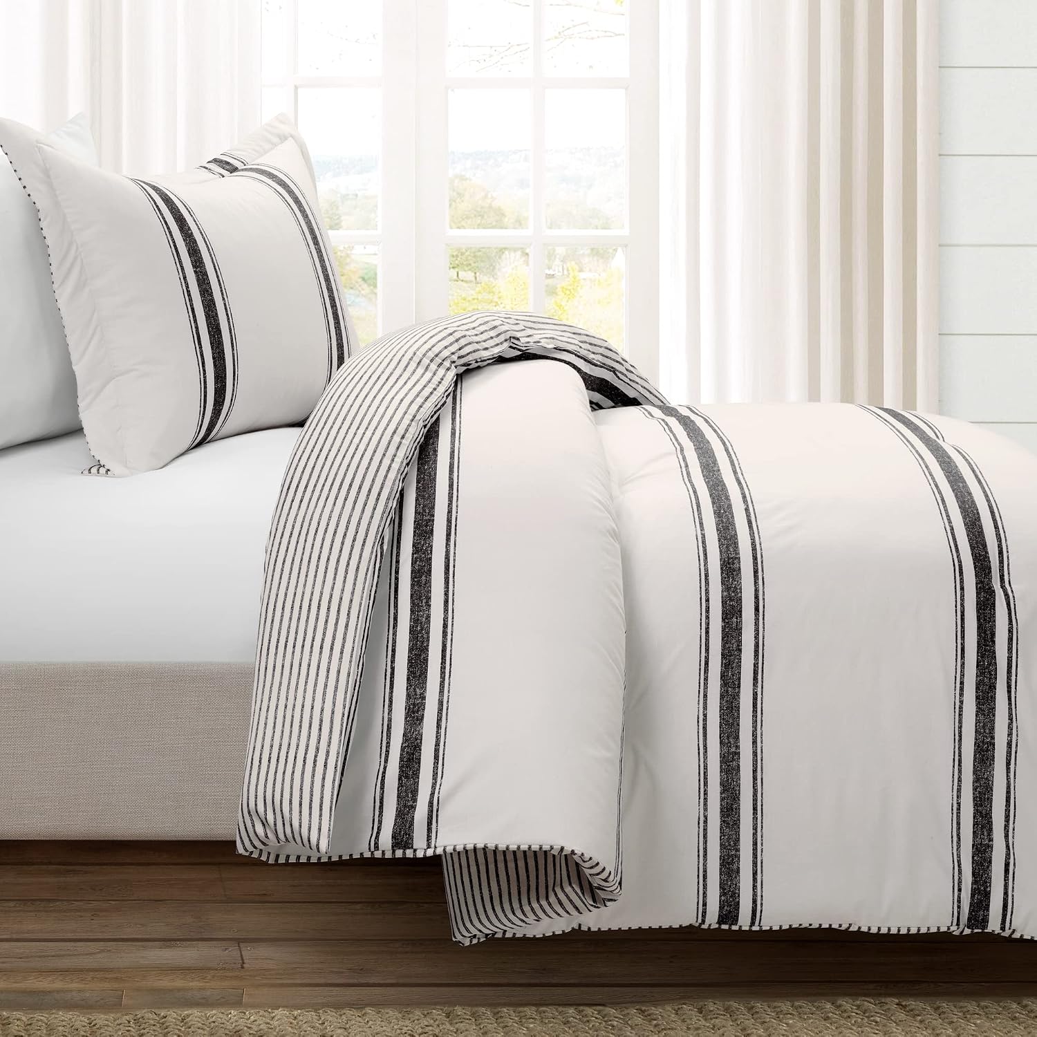 Lush Decor Farmhouse Stripe Reversible Cotton Comforter Set, 2-Piece, Twin XL Black - Twin Bedding Set - Dorm Decor - Striped Comforter for Farmhouse Bedroom Decor
