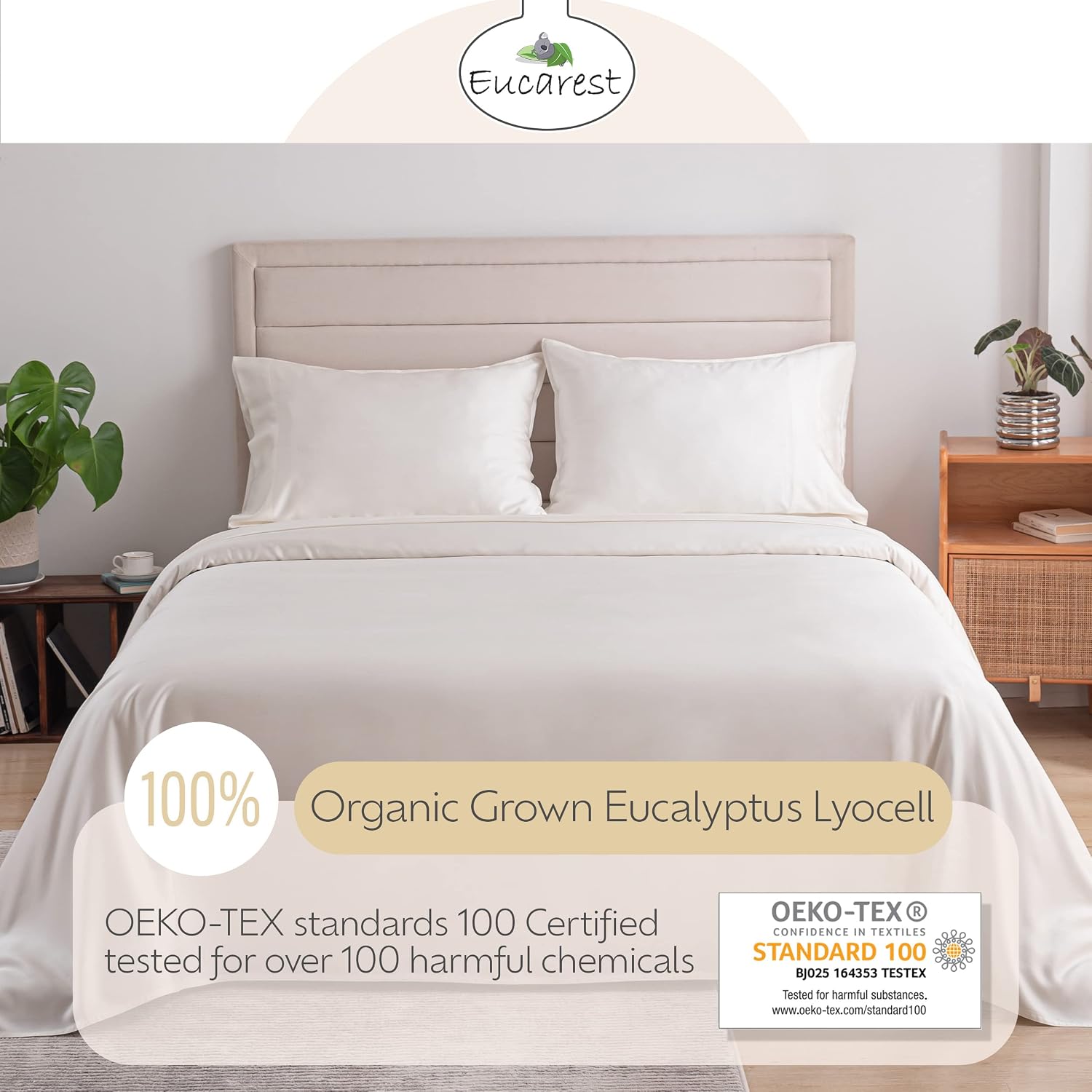 Eucalyptus Lyocell Bed Sheets, Hypoallergenic 100% Organic Tencel, Thermal Regulating and Moisture Wicking for Hot Sleepers, Superior Thread Quality, Extra Deep Pockets King Size - Ivory