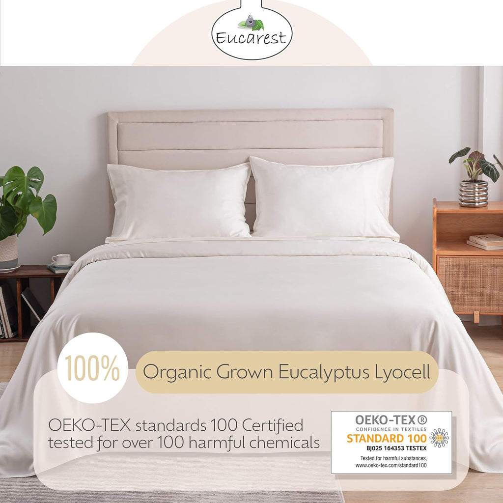 Split-King Eucalyptus Lyocell Bed Sheets, Hypoallergenic 100% Organic Tencel, Thermal Regulating and Moisture Wicking for Hot Sleepers, Superior Thread Quality, Extra Deep Pockets - Ivory
