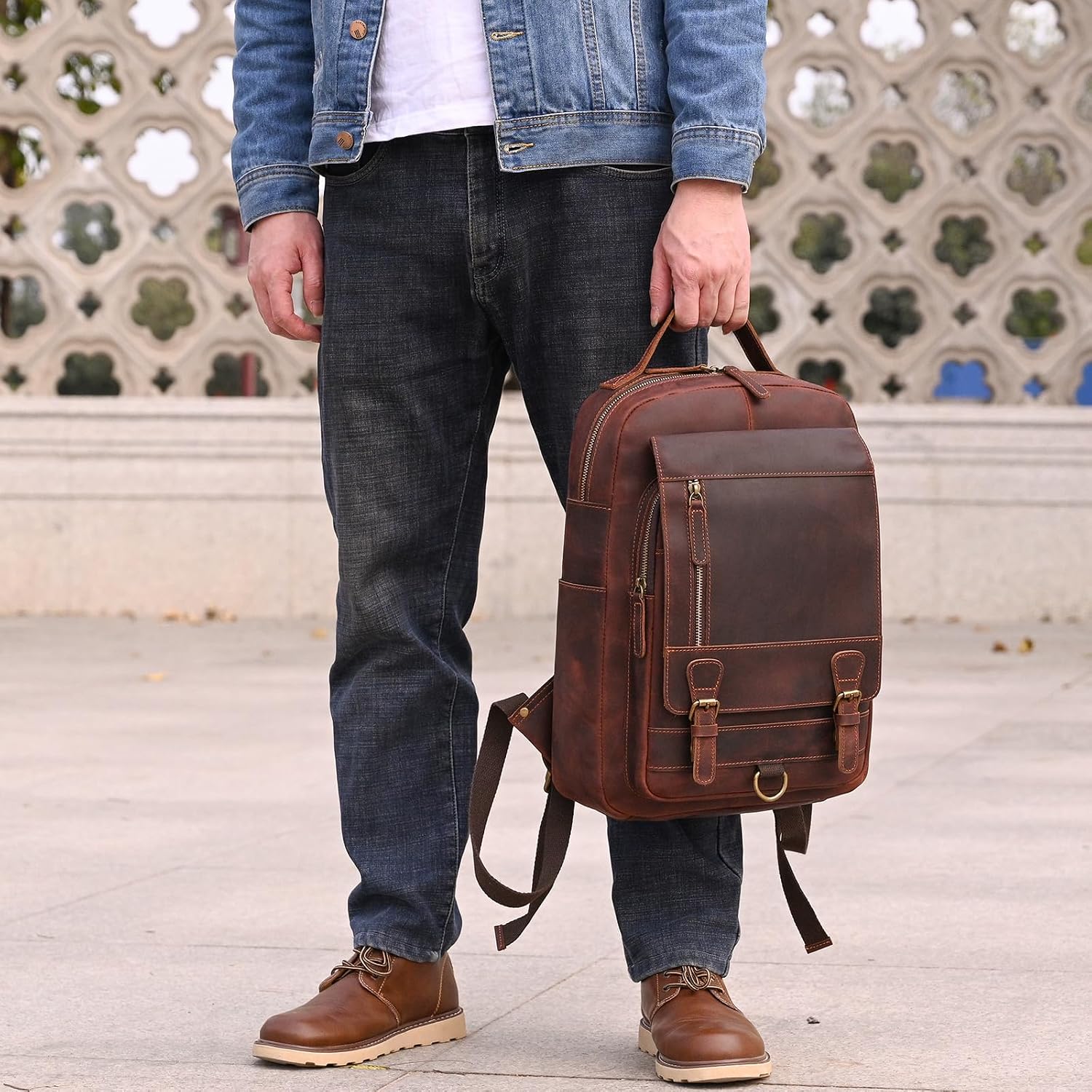 Vintage Full Grain Leather Backpack for Men, 16' Laptop Rucksack For Men Hiking Trave Work Business Bag, 1829 Brown
