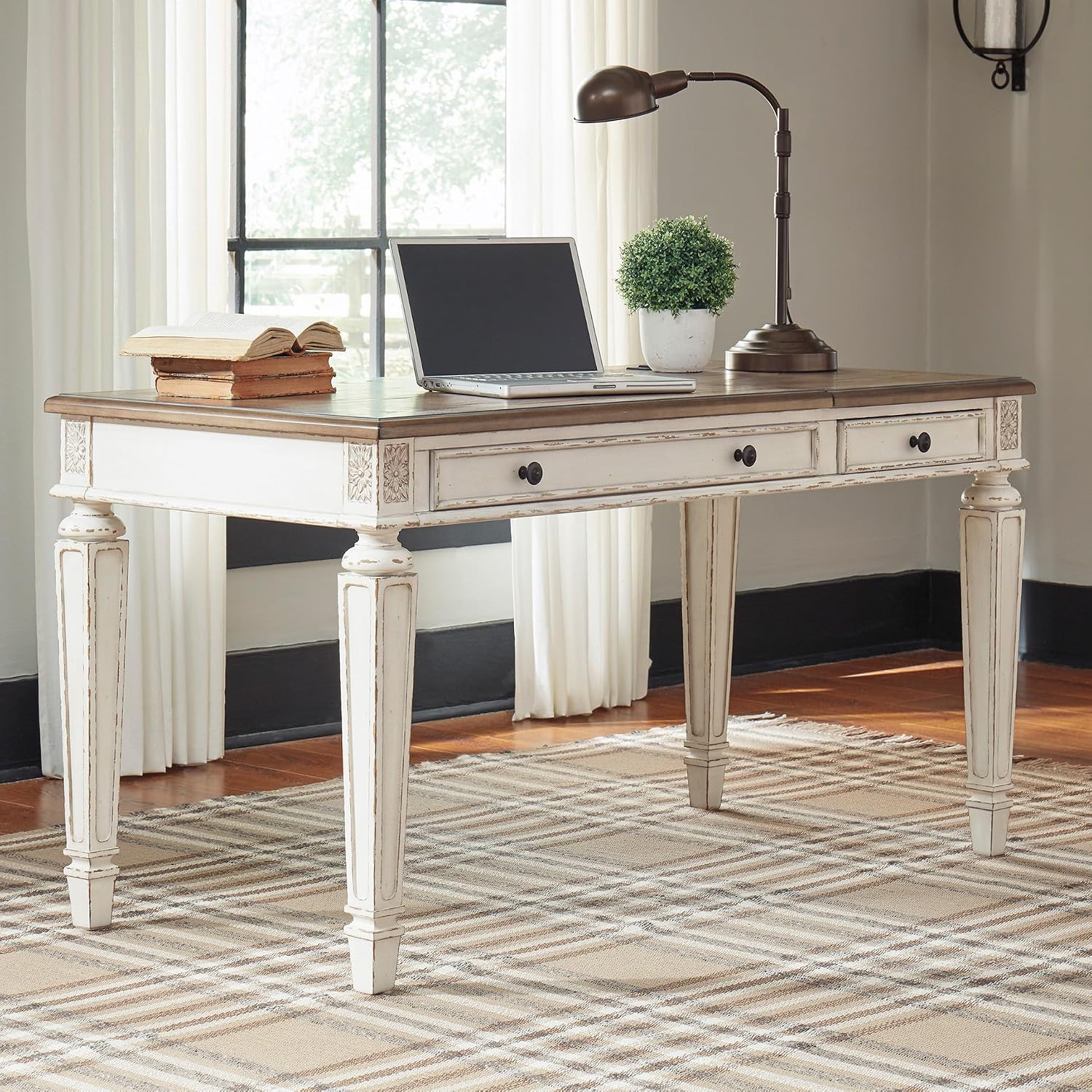 Signature Design by Ashley Realyn Home Office Lift Top Desk, USB Charging, Spring Lift Top, Smooth-gliding Drawer, 60' W x 28' D x 31' H, Chipped White and Brown