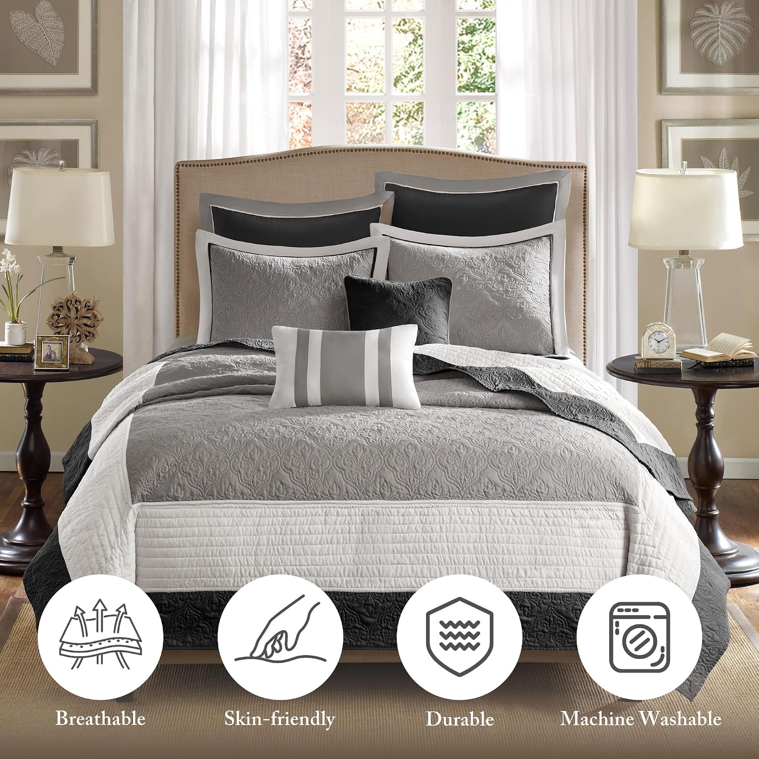 Madison Park Attingham Reversible Quilt Set - All Season Breathable Coverlet, Lightweight Cozy Bedding Layers, Matching Shams, Full/Queen(90'x90'), Black Multi 7 Piece