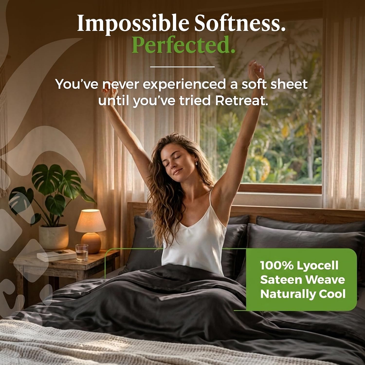 Cariloha Retreat 4-Piece Sateen Sheet Set | Black Sand | Queen | Lyocell Material | Breathable, Corner Straps, Extra Soft & Cooling