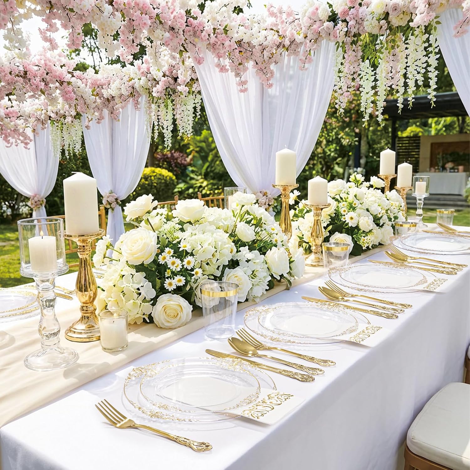 YOUBET 700PCS Clear Gold Plastic Plates - Elegant Gold Plastic Dinnerware Set Include 200 Disposable Plates, 300 Heavy Duty Silverware, 100 Cups, 100 Napkins for Wedding Party