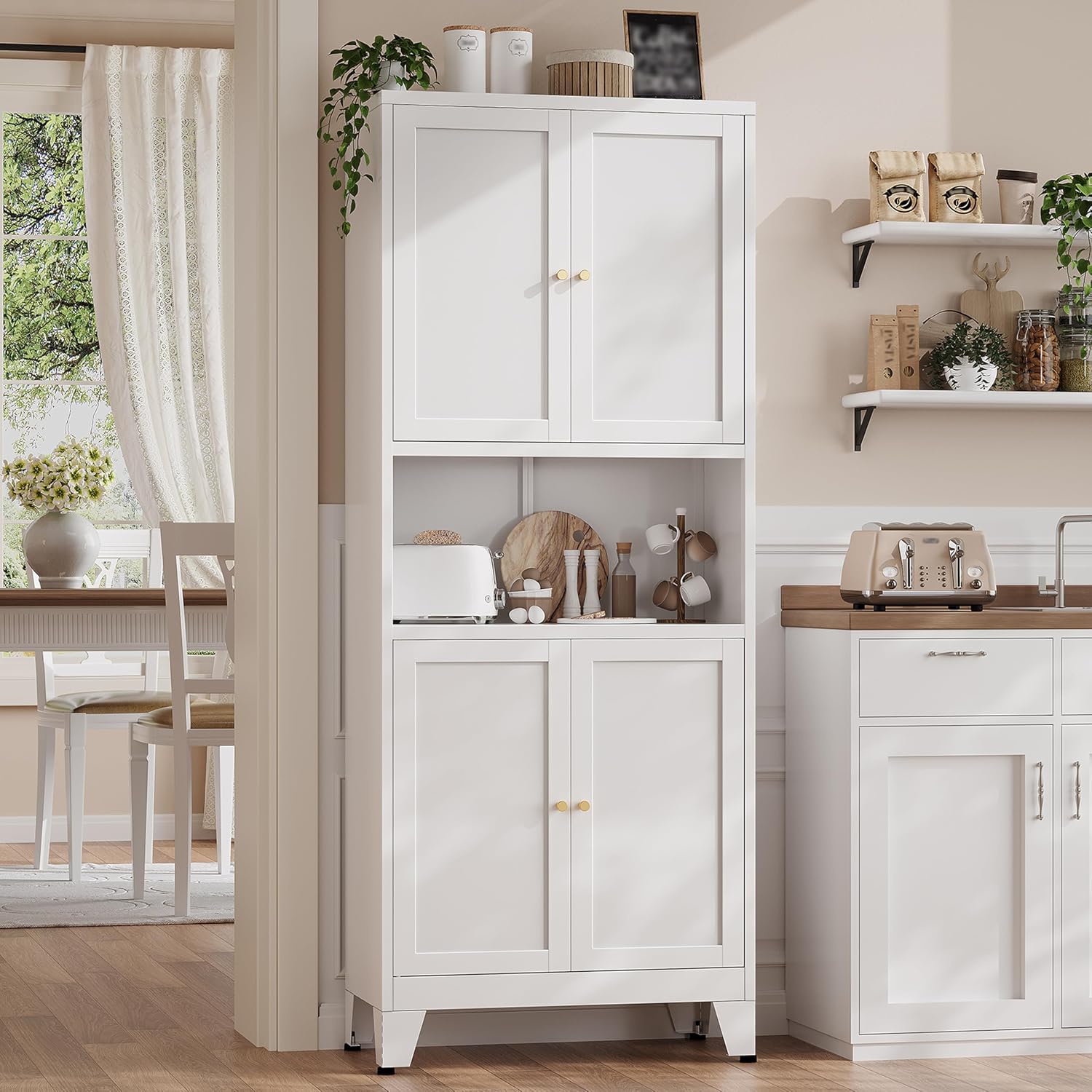 69' H Kitchen Hutch Cabinet with Storage,White Metal Storage Cabinet,Microwave Cabinet,Kitchen Pantry Cabinet with Countertop