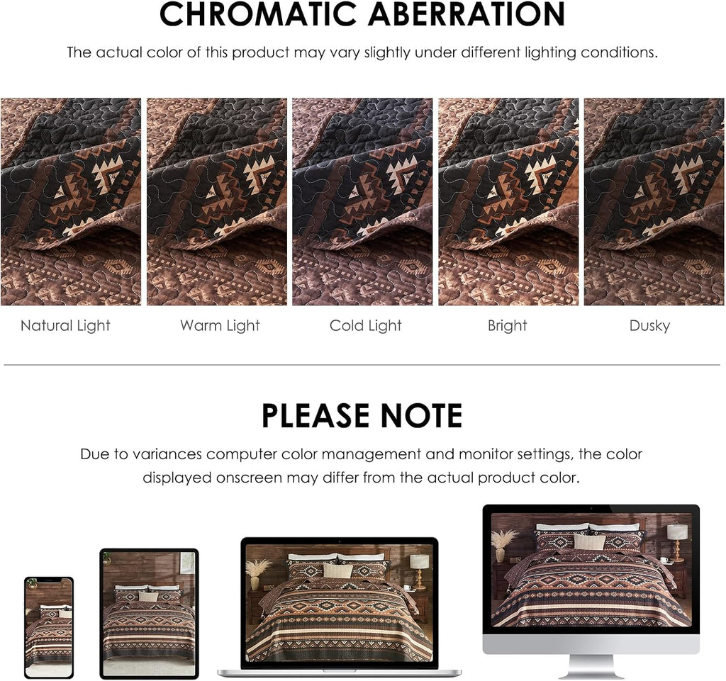 Traditional Quilt Queen Size - 3 Pieces Rustic Aztec Bedding Sets - 100% Cotton Southwestern Bedspread for All Season - American Navajo Diamond Motif Lightweight Comforter - Brown/Black