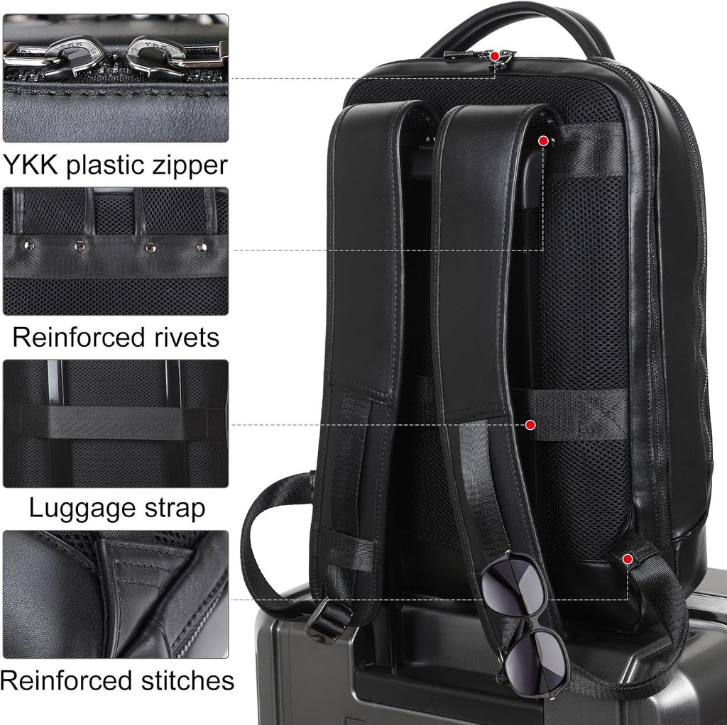 Masa Kawa Slim Leather 15' Laptop Backpack for Women Men Small Business Travel Office Work Computer Rucksack Bag Executive Casual Daypack, Black