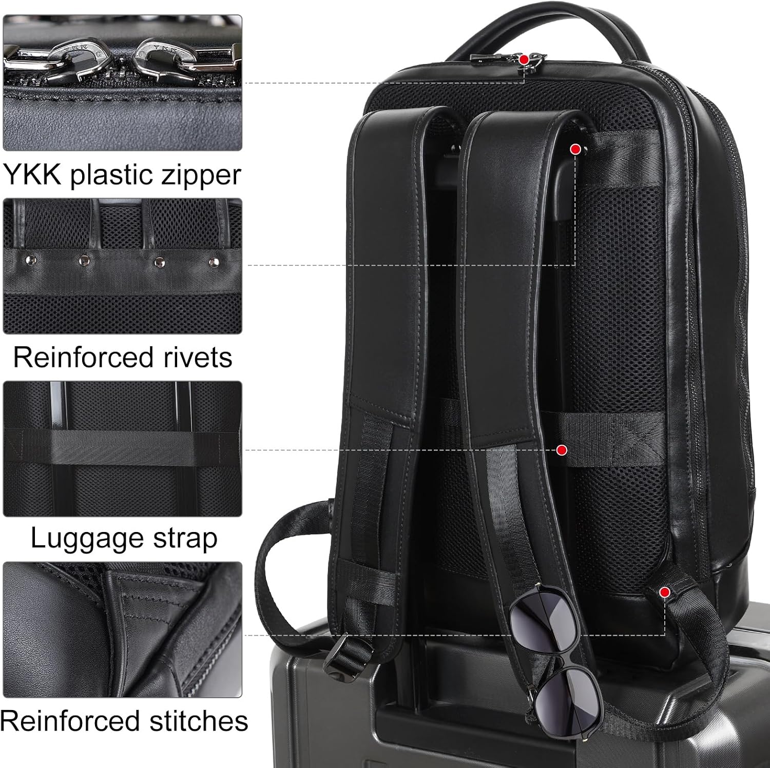 Masa Kawa Slim Leather 15' Laptop Backpack for Women Men Small Business Travel Office Work Computer Rucksack Bag Executive Casual Daypack, Black