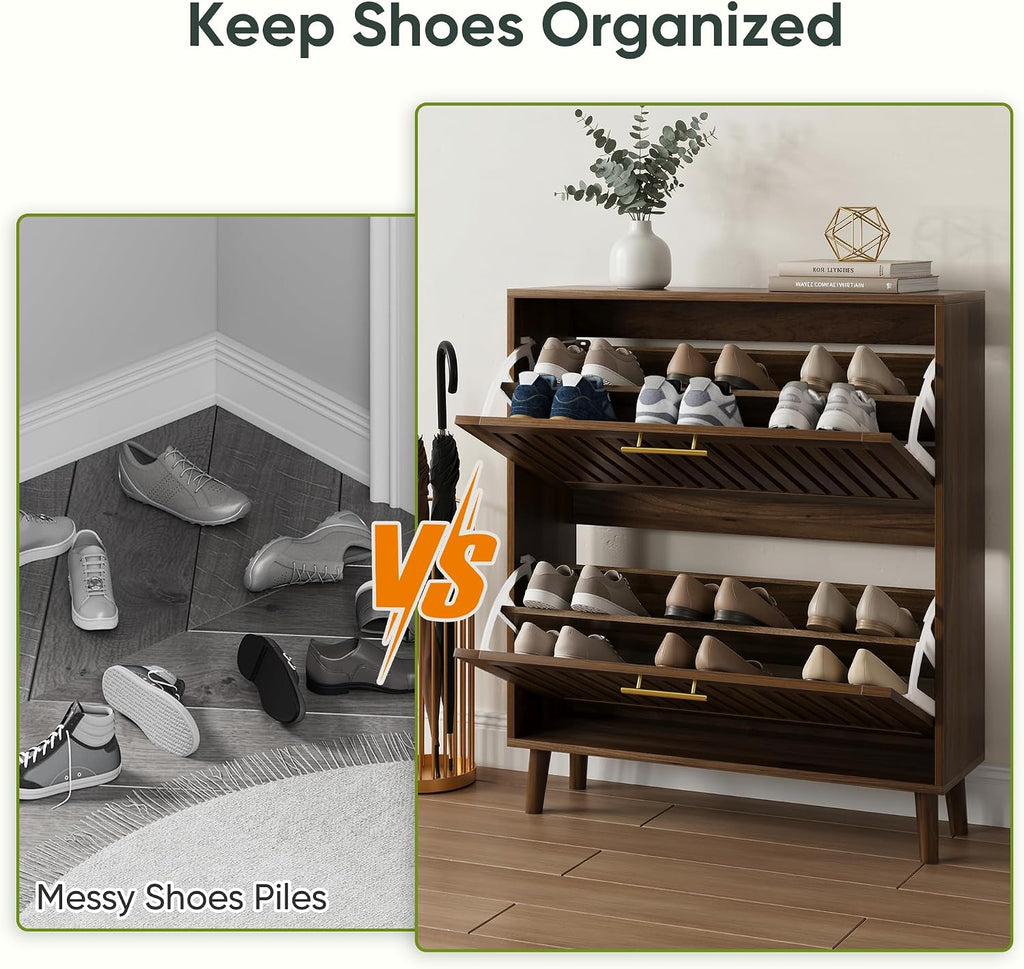 Smart FENDEE 31.5' W Shoe Cabinet Storage for Entryway with 2 Flip Drawers, Shoe Cabinet with Slatted Panel, Hidden Shoe Rack Freestanding Slim Shoes Organizer for Hallway, Entrance, Walnut