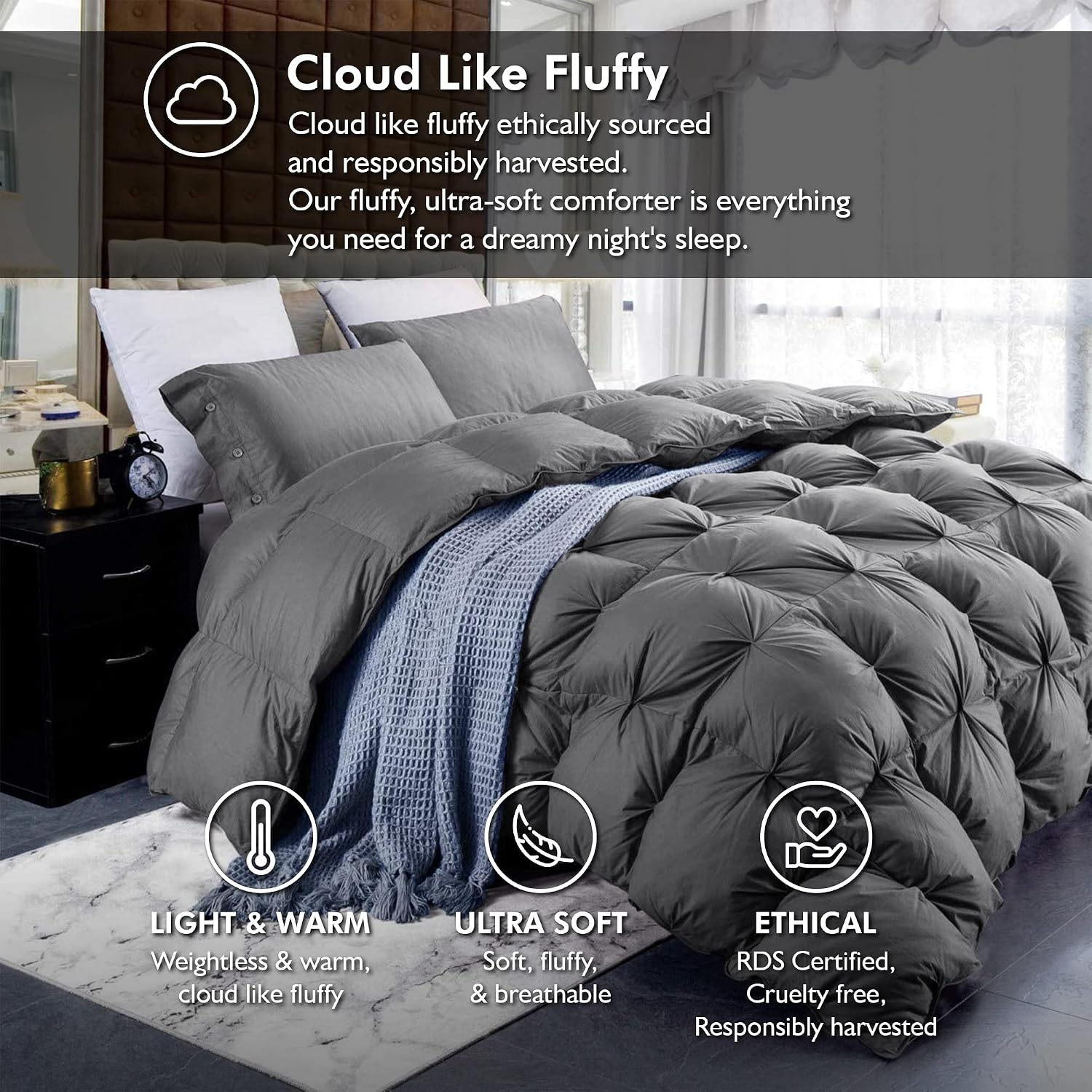 Luxurious California King (Cal King) Size Goose Down Feather Fiber Comforter Duvet Insert, 108 X 98 inches, 100% Egyptian Cotton Cover, 80 oz. Fill Weight Comforter (Cal King, Gray Pinch Pleat)