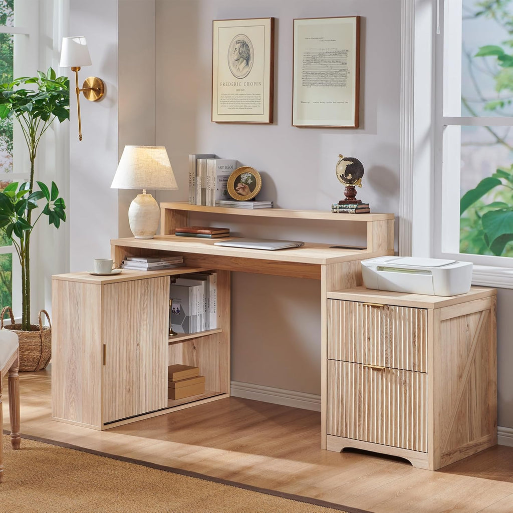 JXQTLINGMU 67' Modern L Shaped Desk with Storage Cabinet & Drawers, Wood Home Office Desk with Power Outlets, Fluted Computer Writing Desk, Oak