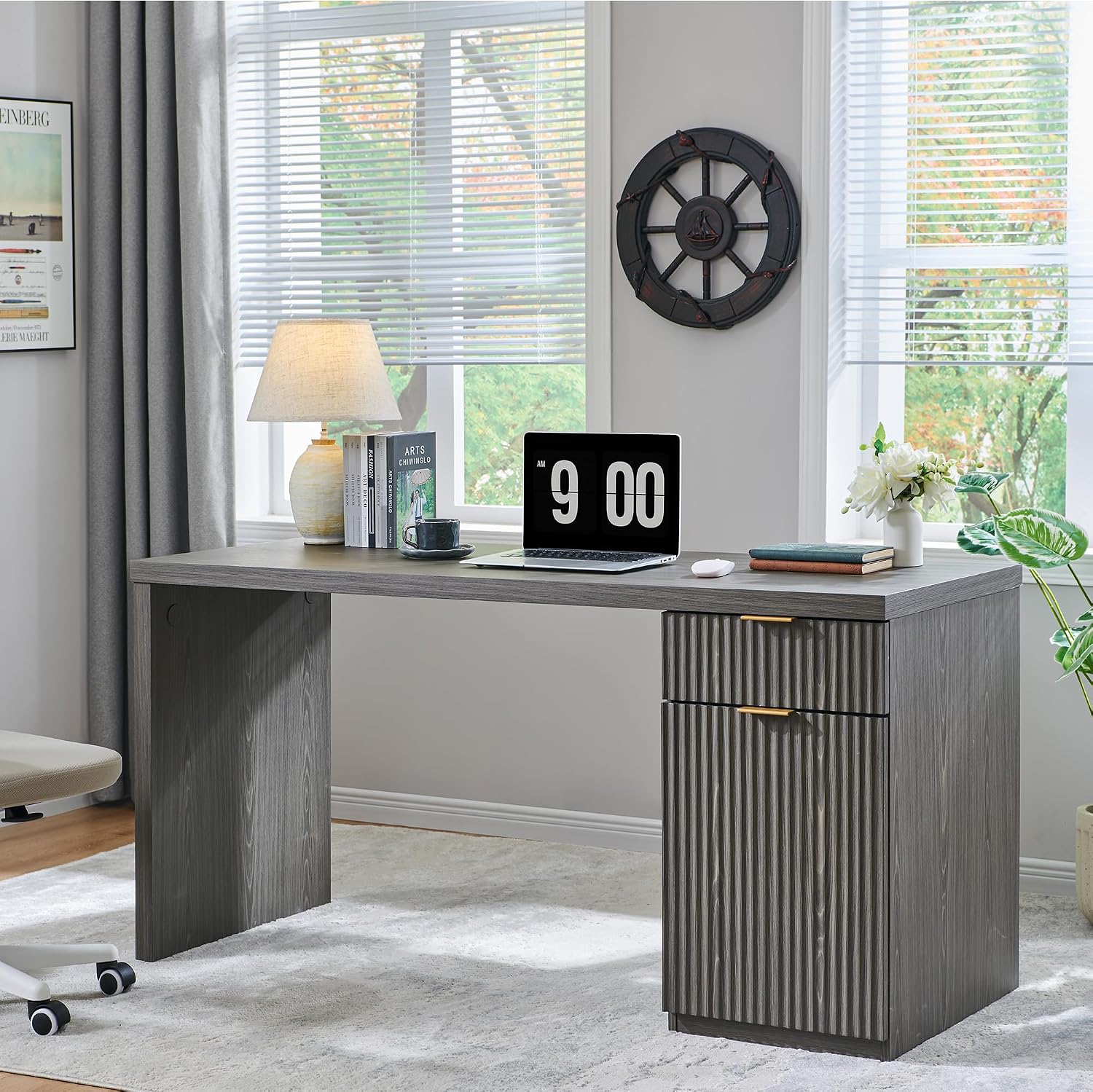 JXQTLINGMU 60' Modern Executive Desk with Storage, Wood Home Office Desk with Drawer & Cabinet, Fluted Computer Writing Desk for Study, Living Room, Bedroom, Grayish Green