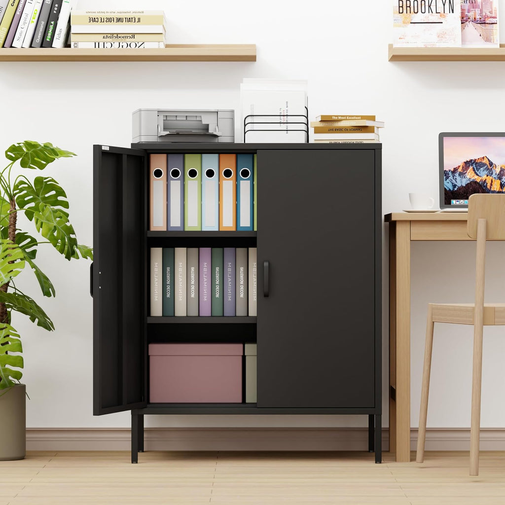 Bathroom Floor Storage Cabinet, 40' H Metal Locker, Small Black Cabinets with 2 Adjustable Shelves & 4 Doors,Freestanding Sideboard,Pantry Food Cabinet for Hallway,Home Office, Kitchen