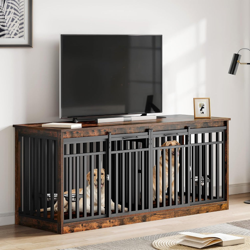 DWVO 71' Double Dog Crate Furniture for 2 Medium Dogs, Heavy Duty Wood Dual Dog Kennel TV Stand with Sliding Doors, Decorative Wooden 2 Dog Cage Table with Dog Bowls for Extra Large Dogs Rustic Brown